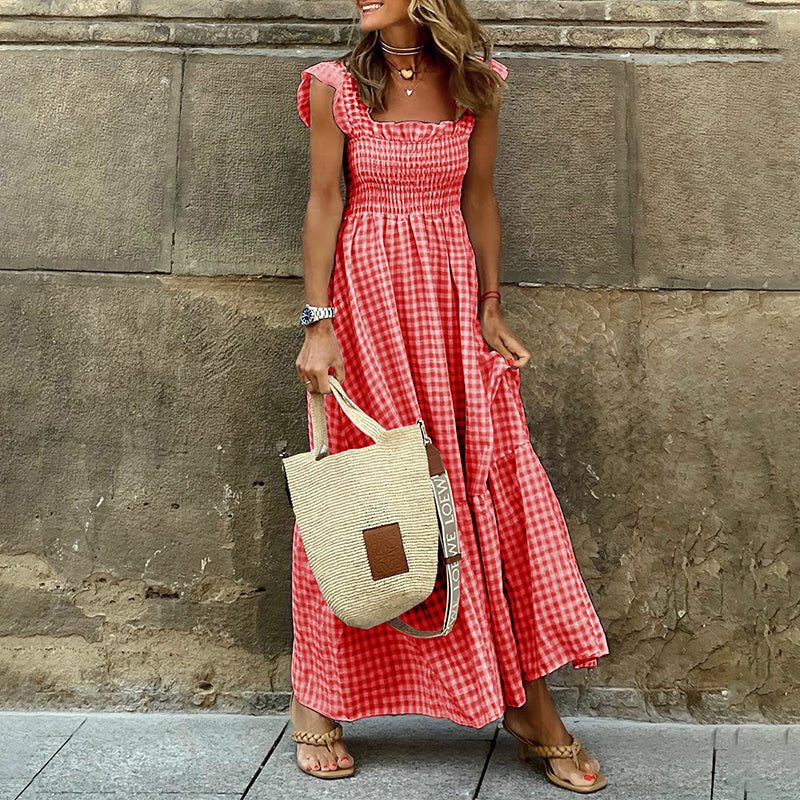 Geruite gesmokte buste maxi-jurk