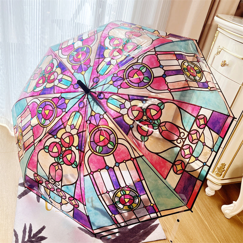 Transparante paraplu met glas-in-loodraampatroon