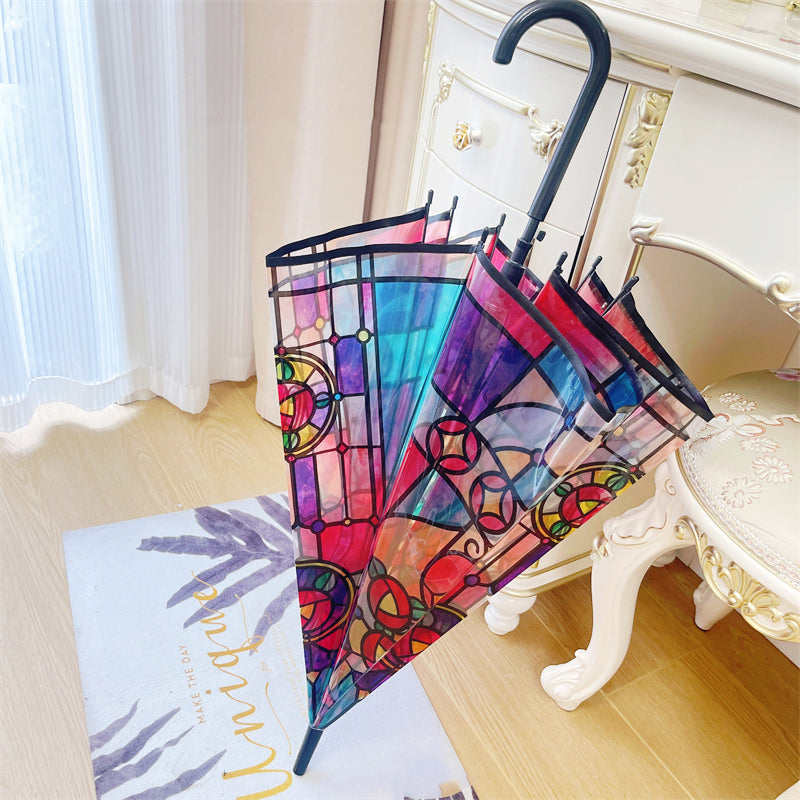 Transparante paraplu met glas-in-loodraampatroon