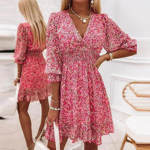 Jurk met pofmouwen, halfhoge taille en bloemen
