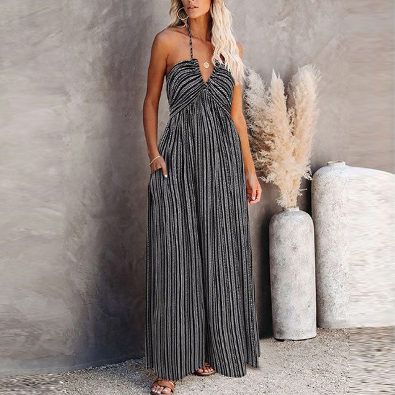 Halter diepe V-hals geplooide jurk