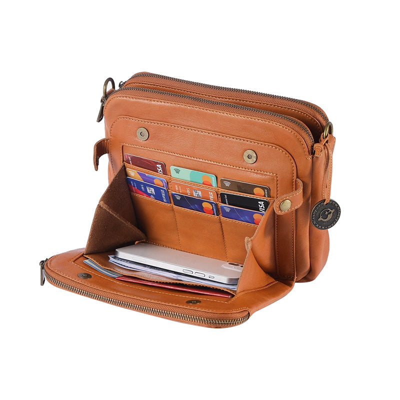 Drielaagse leren schouder- en handtas van leer