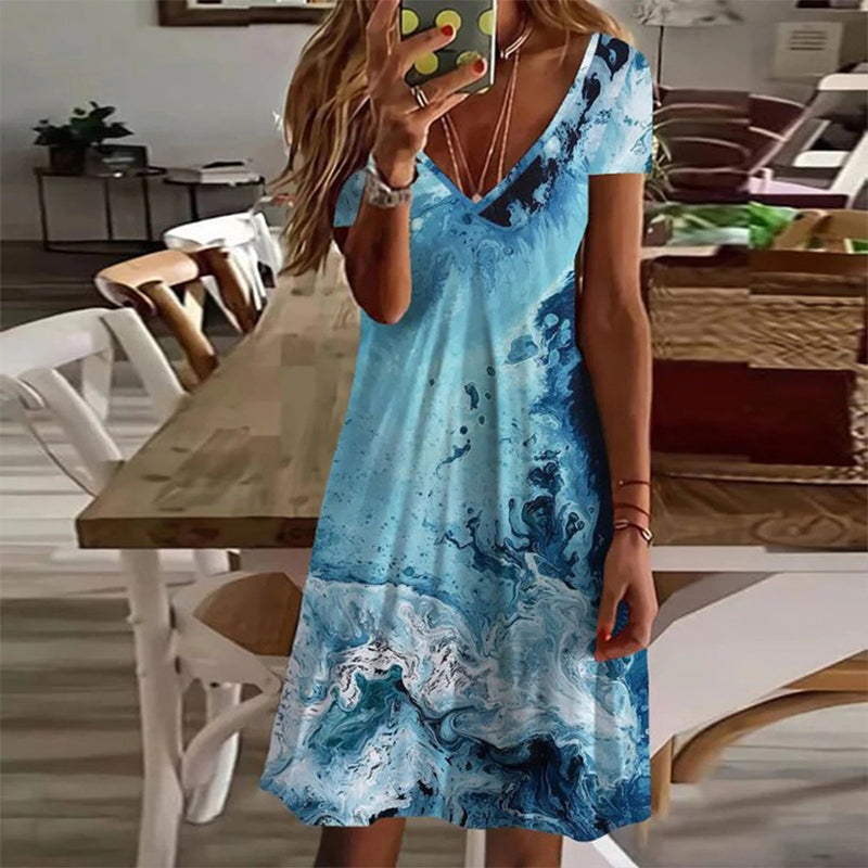 Mini-jurk met V-hals en blauwe print