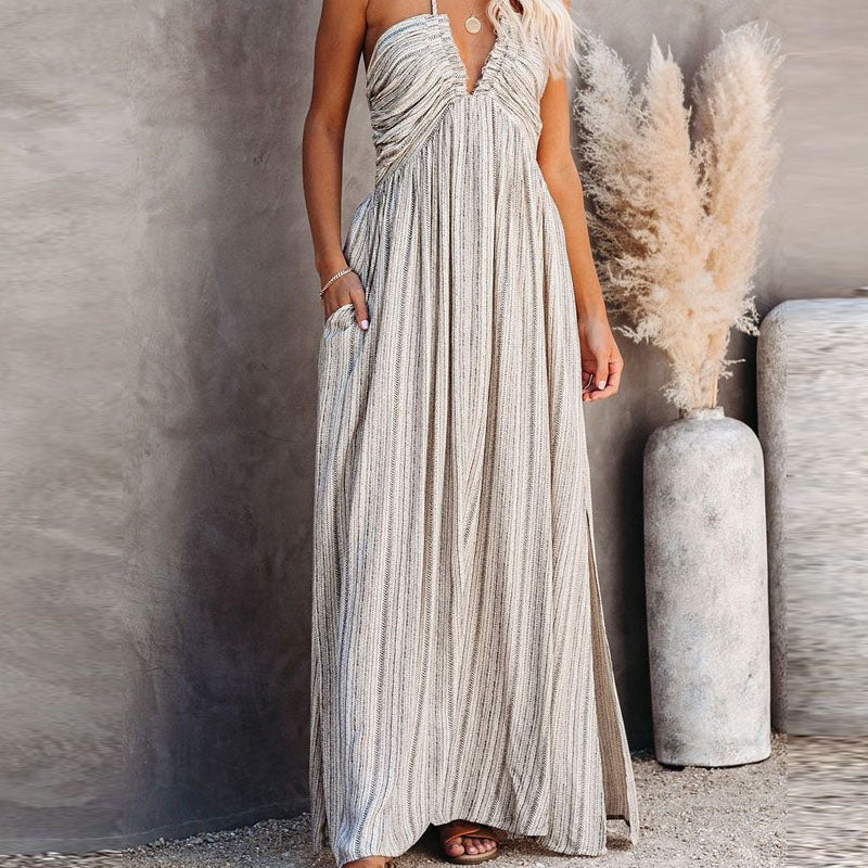 Halter diepe V-hals geplooide jurk