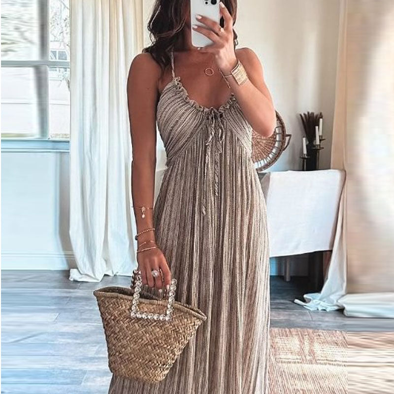 Halter diepe V-hals geplooide jurk