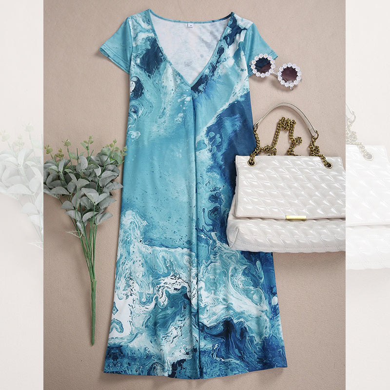 Mini-jurk met V-hals en blauwe print