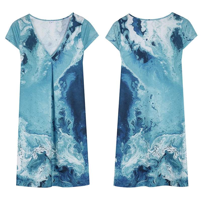 Mini-jurk met V-hals en blauwe print