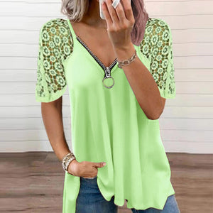 Effen kleur kanten los T-shirt met korte mouwen en rits