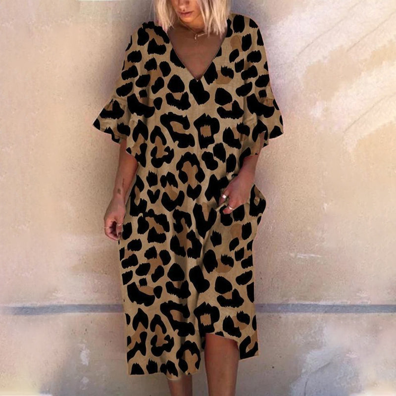 Losse jurk met V-hals en luipaardprint