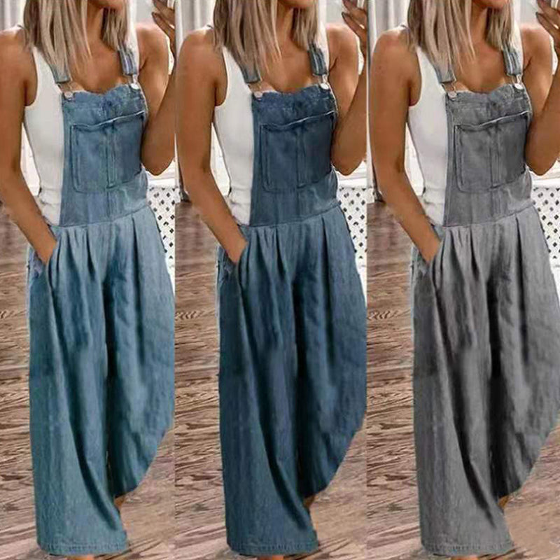 Casual denim overall met wijde pijpen en zakken