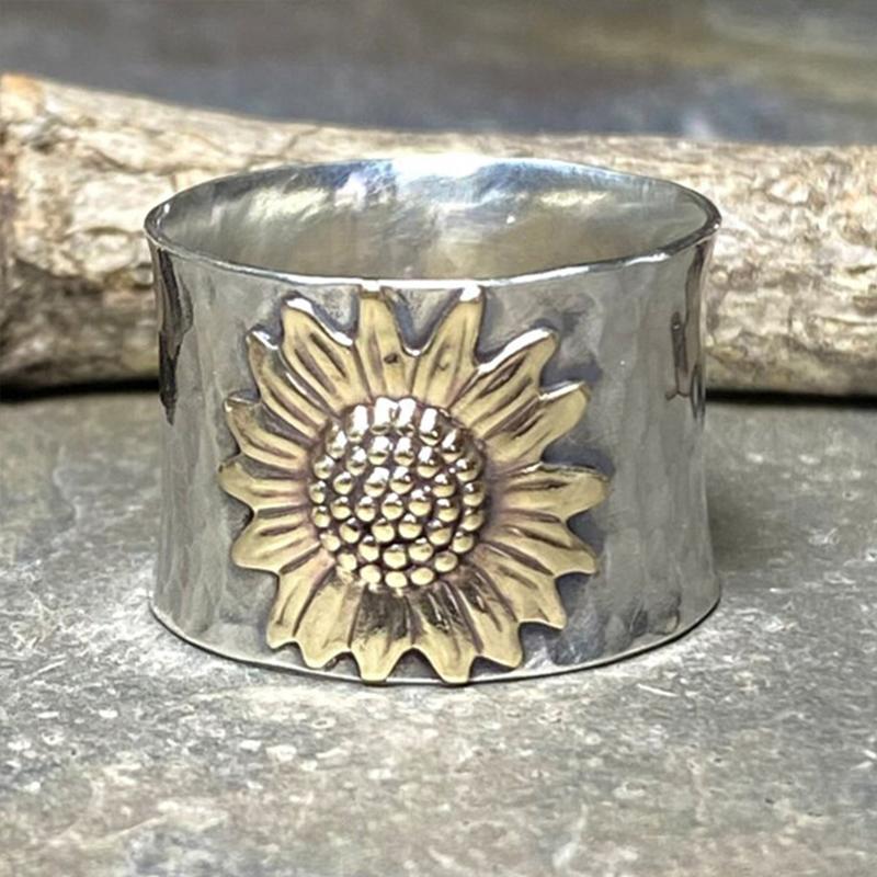 Golden Sunflower Wide Band Silver Ring