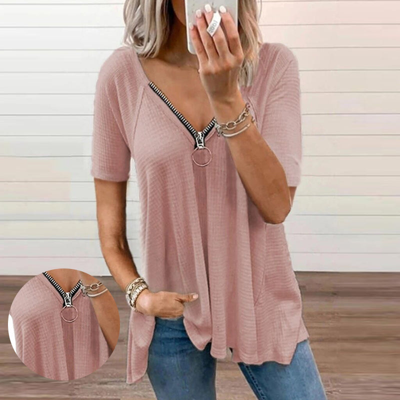 Losvallend T-shirt met diepe V-rits