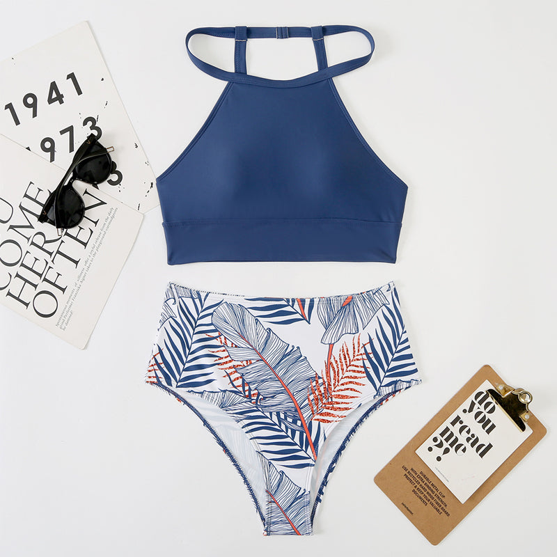 Hoge taille bikini met kleurvlakken en bladprint