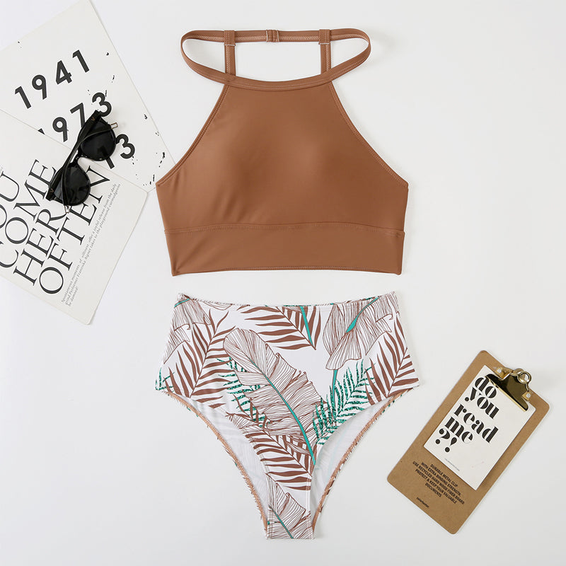 Hoge taille bikini met kleurvlakken en bladprint