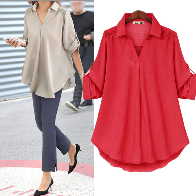 Los damesshirt met lange mouwen en V-hals