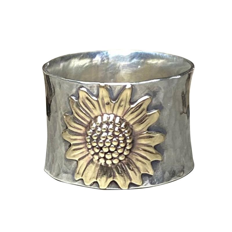Golden Sunflower Wide Band Silver Ring