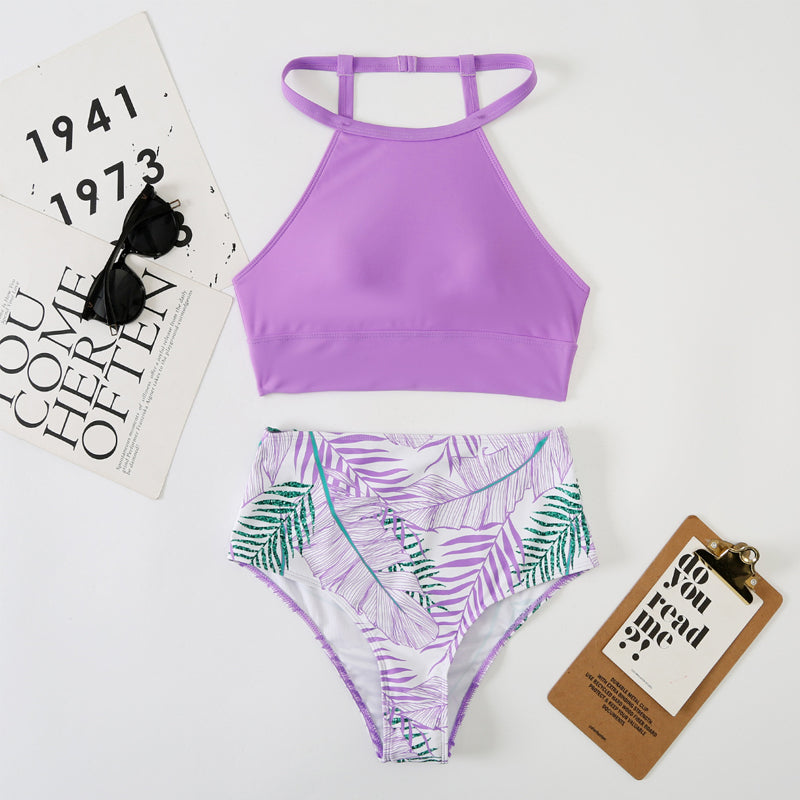 Hoge taille bikini met kleurvlakken en bladprint