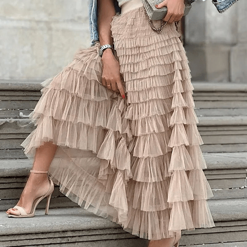 Gelaagde elastische taille tule maxi rok