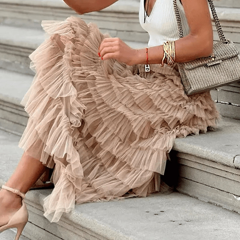 Gelaagde elastische taille tule maxi rok