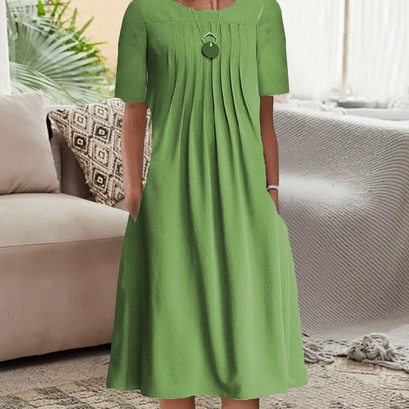 Effen geplooide jurk met ronde hals