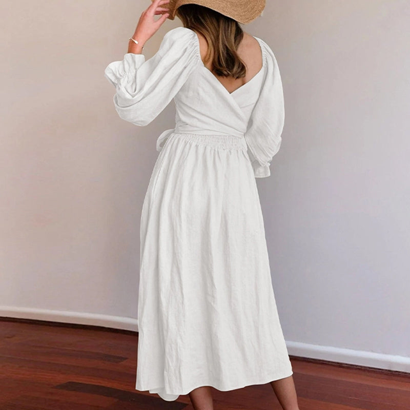 Multi-wear jurk met Franse ruches en lantaarnmouwen