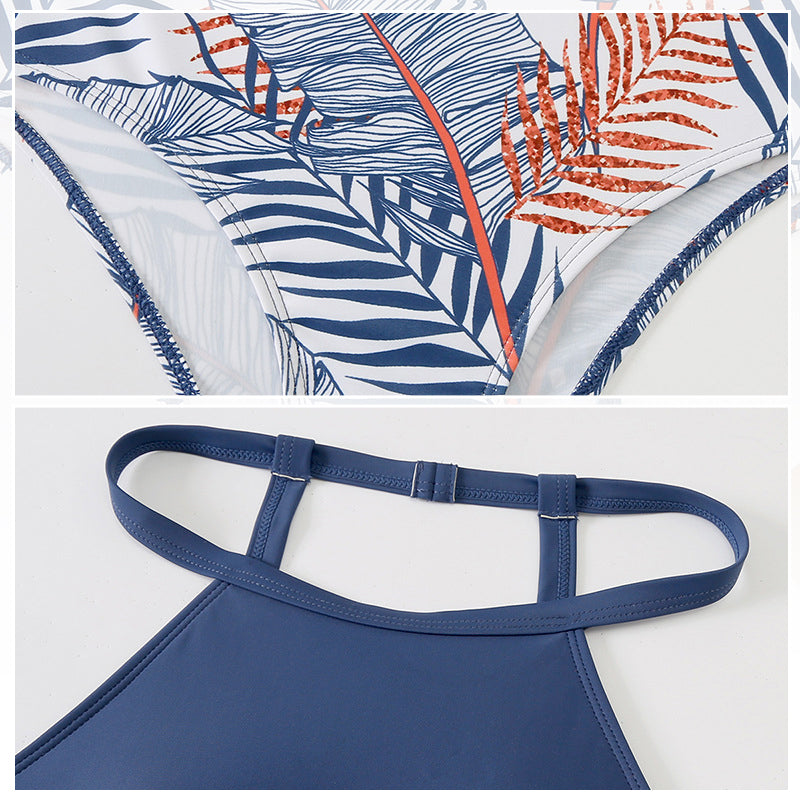 Hoge taille bikini met kleurvlakken en bladprint