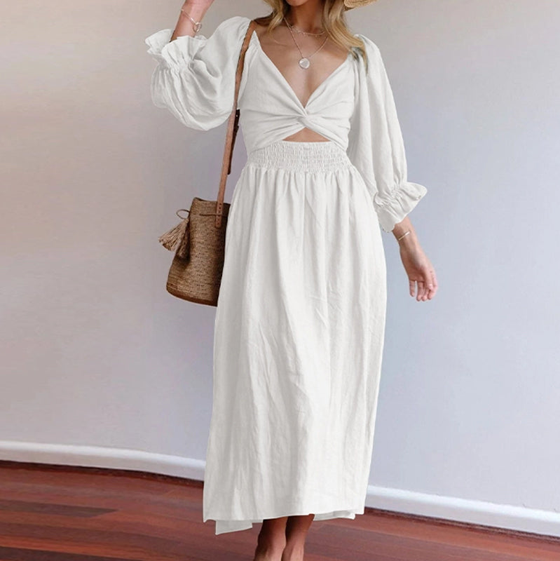 Multi-wear jurk met Franse ruches en lantaarnmouwen