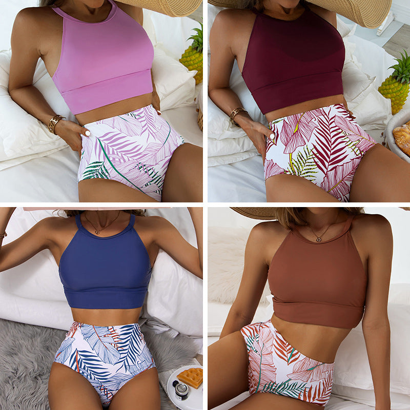 Hoge taille bikini met kleurvlakken en bladprint