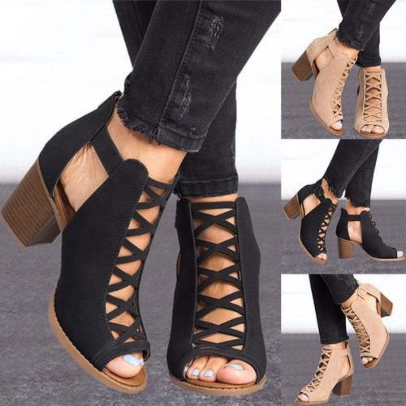 Hoge Romeinse sandalen met dikke hak en peeptoe