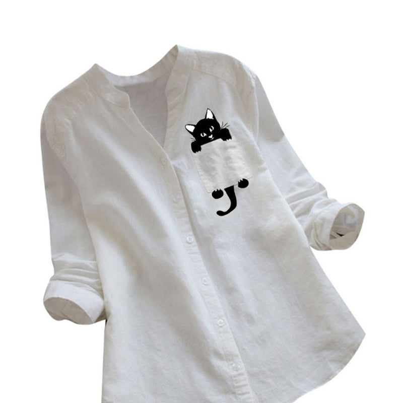 Blouse met V-hals van katoen en kattenprint met lange mouwen