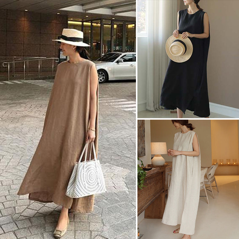 Jurk van katoen en linnen met split