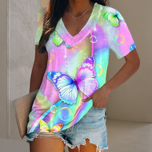 T-shirt met V-hals en veelkleurige print