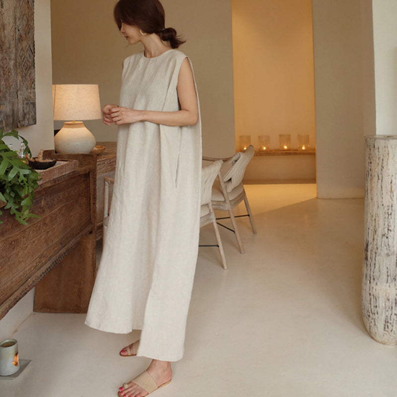 Jurk van katoen en linnen met split