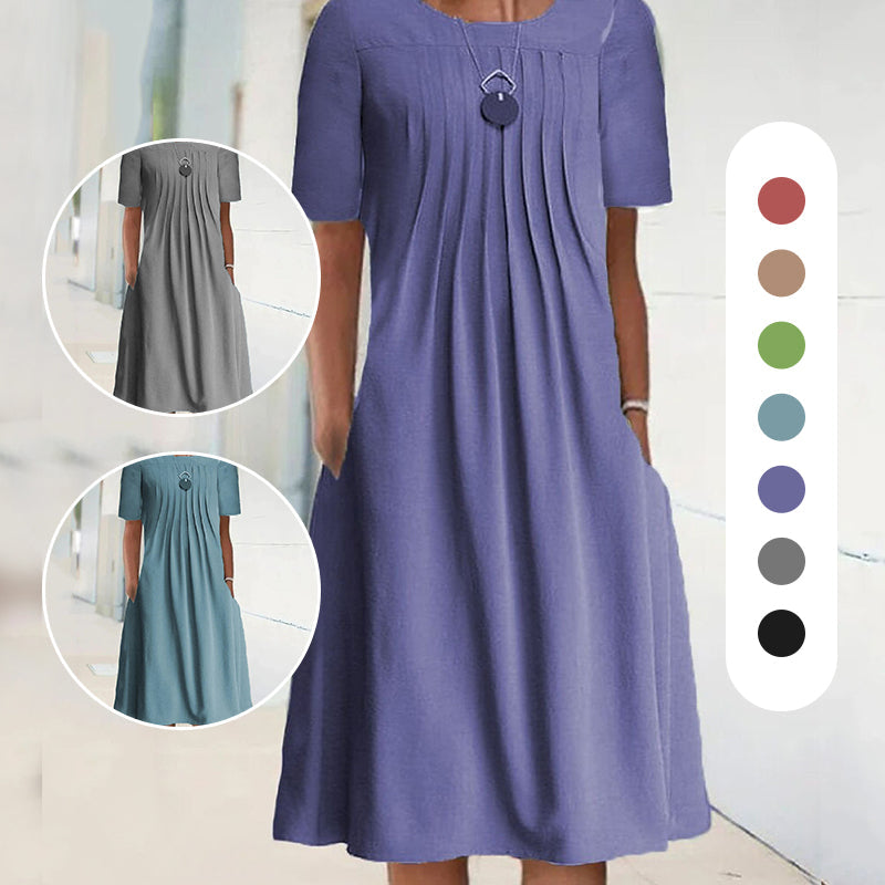 Effen geplooide jurk met ronde hals