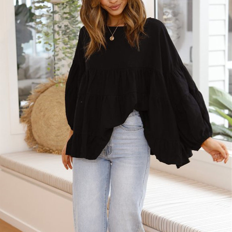 Top met ronde hals en lantaarn met lange mouwen