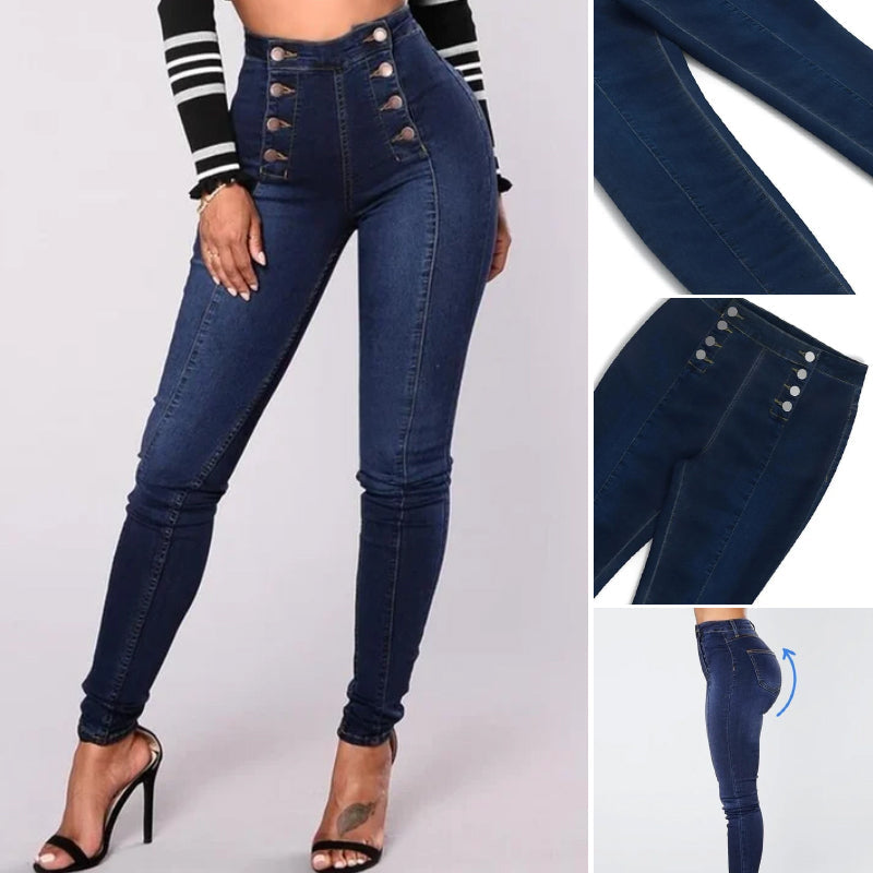 Double-breasted skinny jeans met hoge taille