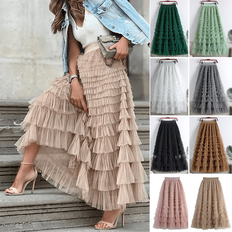 Gelaagde elastische taille tule maxi rok