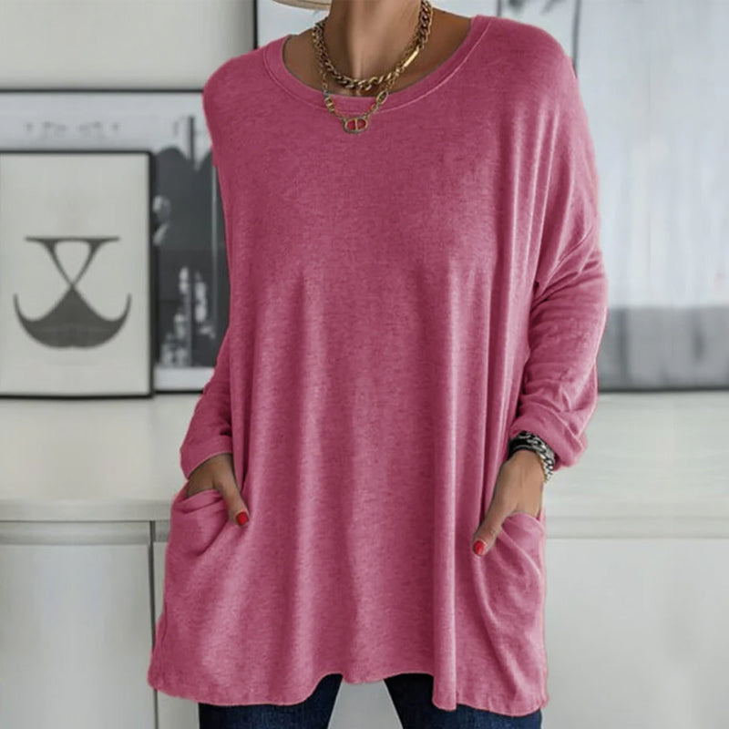 Effen kleur ronde hals top met lange mouwen