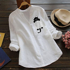 Blouse met V-hals van katoen en kattenprint met lange mouwen