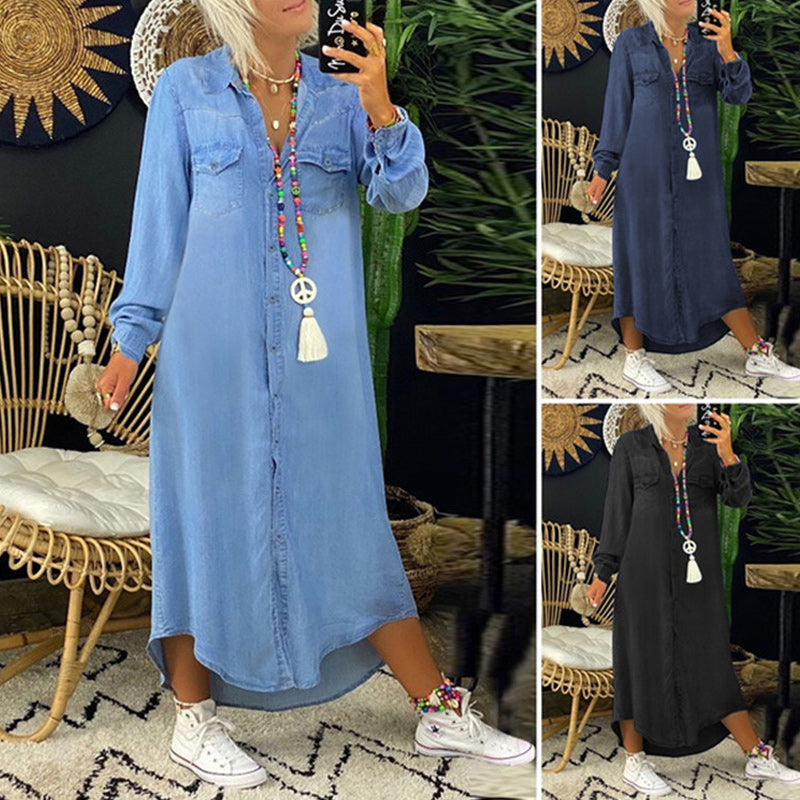 Casual spijkerjurk in effen kleur met lange mouwen voor dames（Pre-sale）