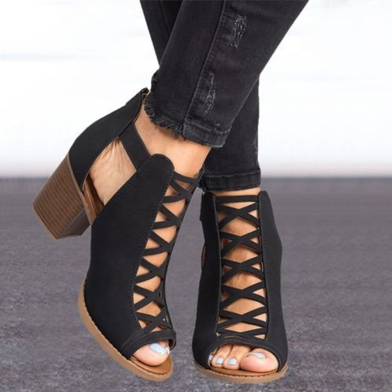 Hoge Romeinse sandalen met dikke hak en peeptoe