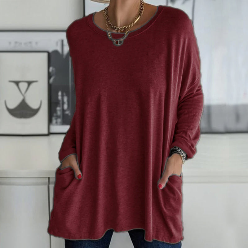 Effen kleur ronde hals top met lange mouwen