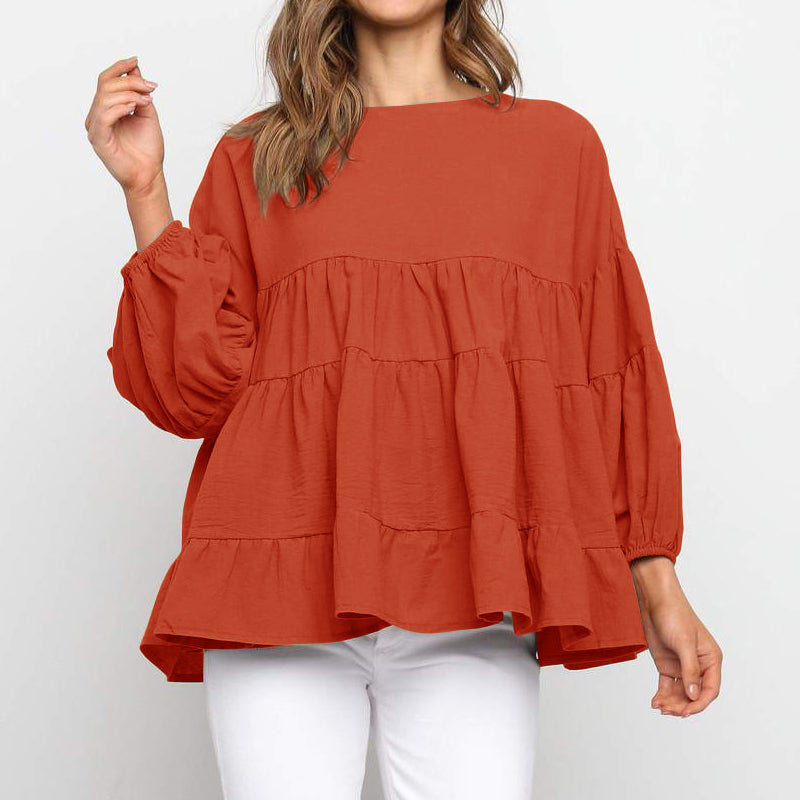 Top met ronde hals en lantaarn met lange mouwen