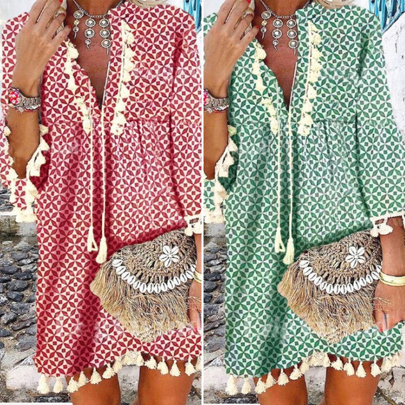 Producten Jurk met V-hals en franjes met ruches