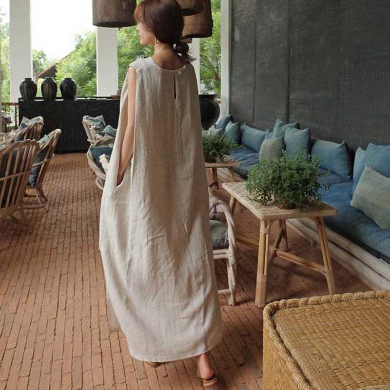 Jurk van katoen en linnen met split