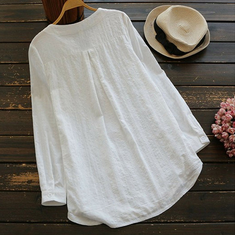 Damestop met geborduurde kant en lange mouwen van katoen