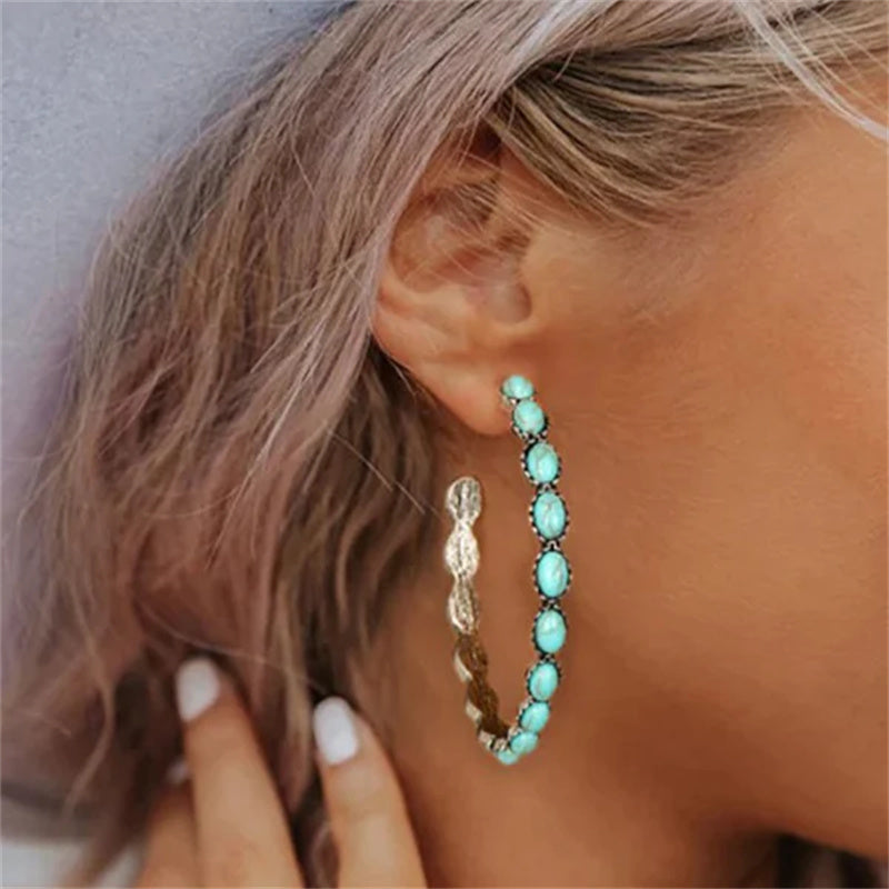 Vintage C-vormige Turquoise hoepel oorbellen