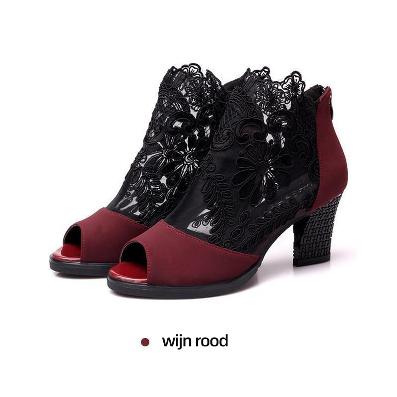 Lace Mesh Insert Chunky Heeled Boots