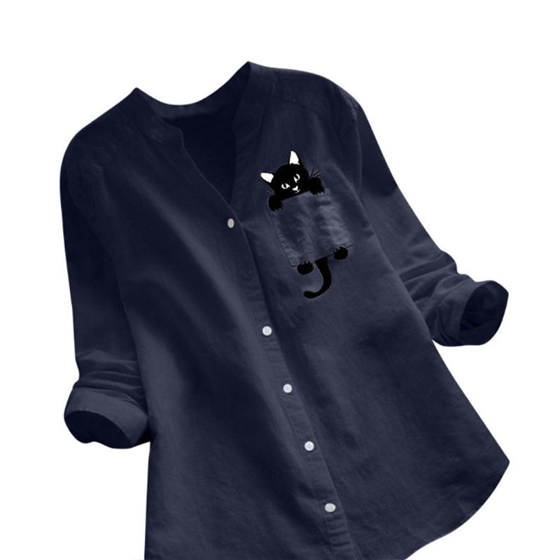 Blouse met V-hals van katoen en kattenprint met lange mouwen