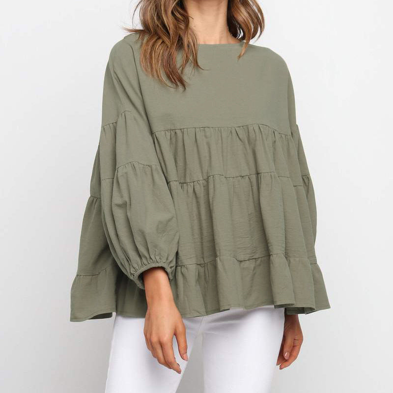 Top met ronde hals en lantaarn met lange mouwen